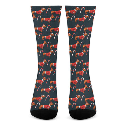 Xmas Dachshund Pattern Print Crew Socks