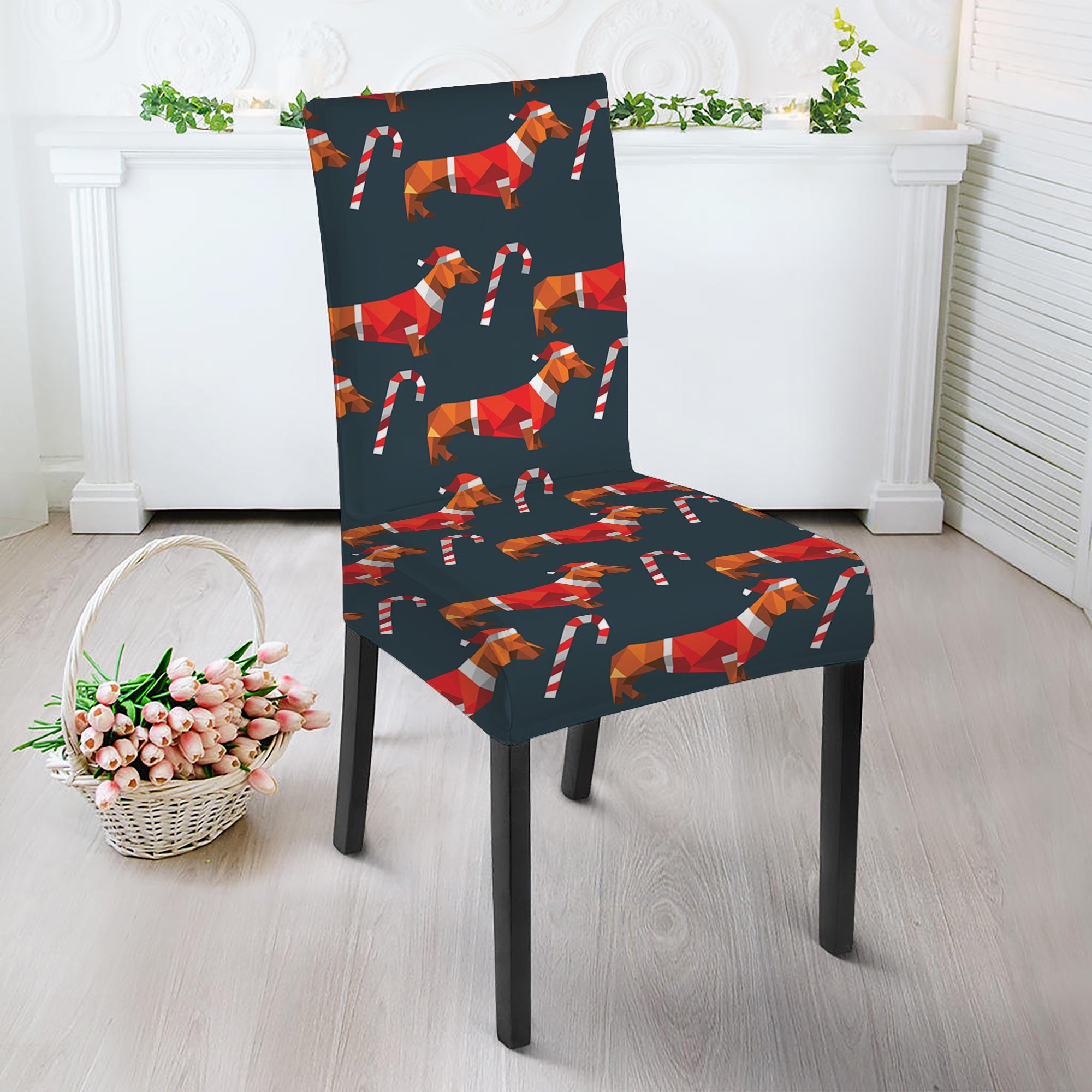 Xmas Dachshund Pattern Print Dining Chair Slipcover