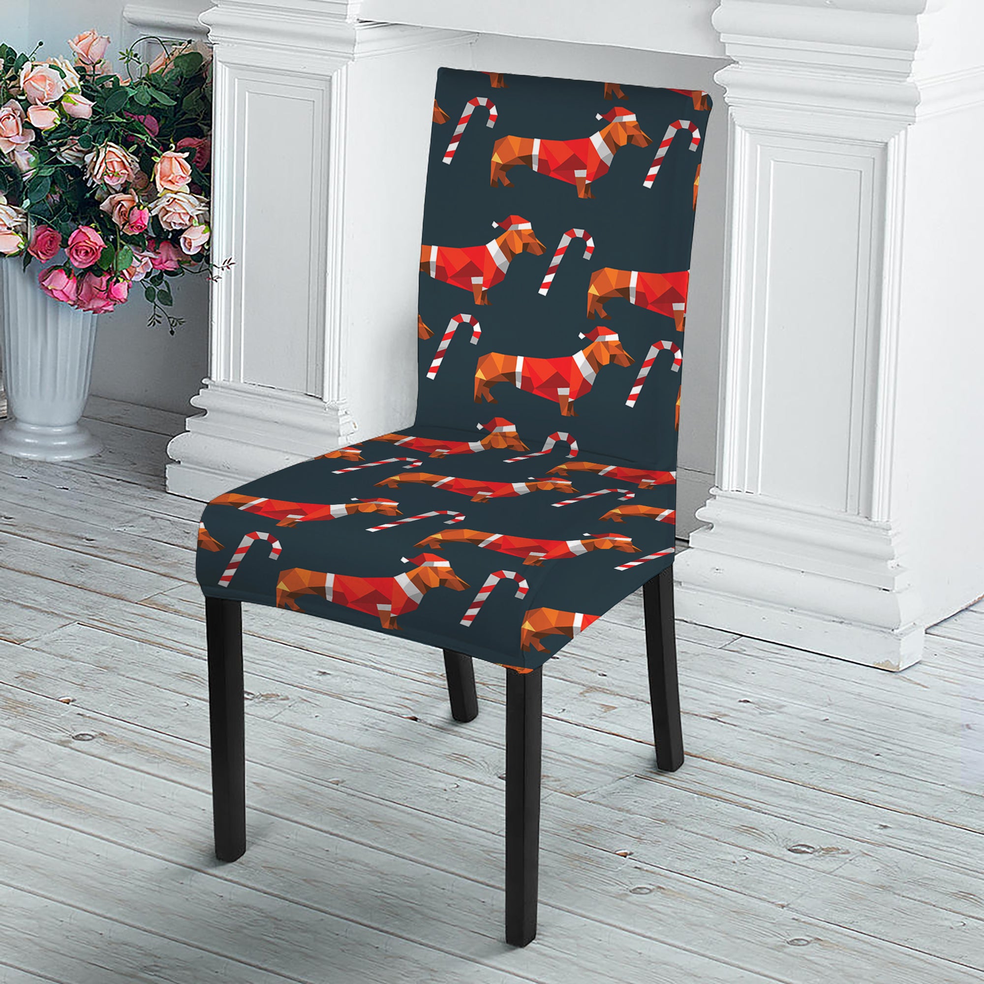 Xmas Dachshund Pattern Print Dining Chair Slipcover