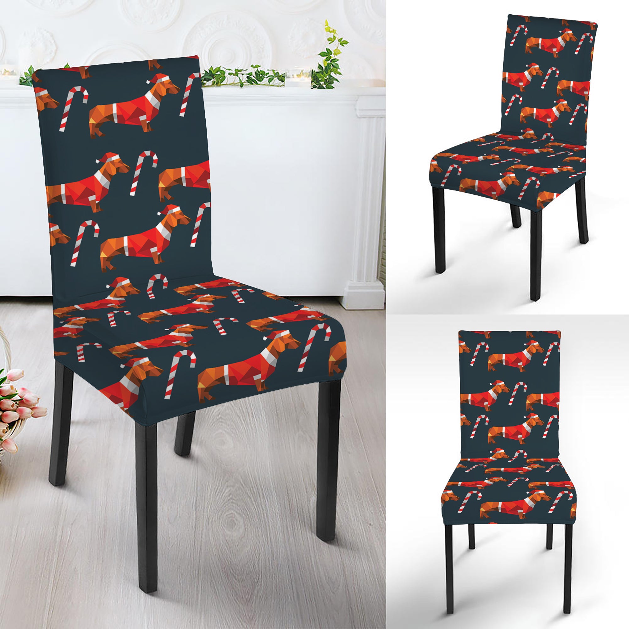 Xmas Dachshund Pattern Print Dining Chair Slipcover