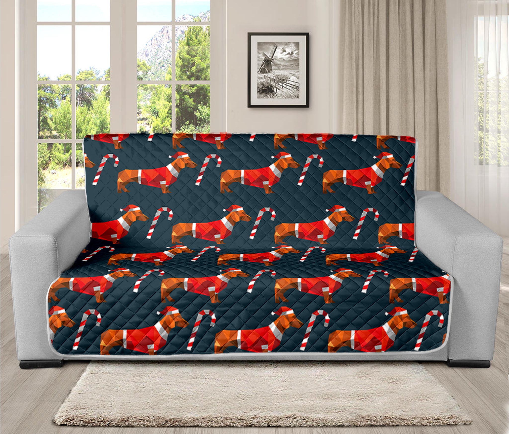 Xmas Dachshund Pattern Print Futon Protector