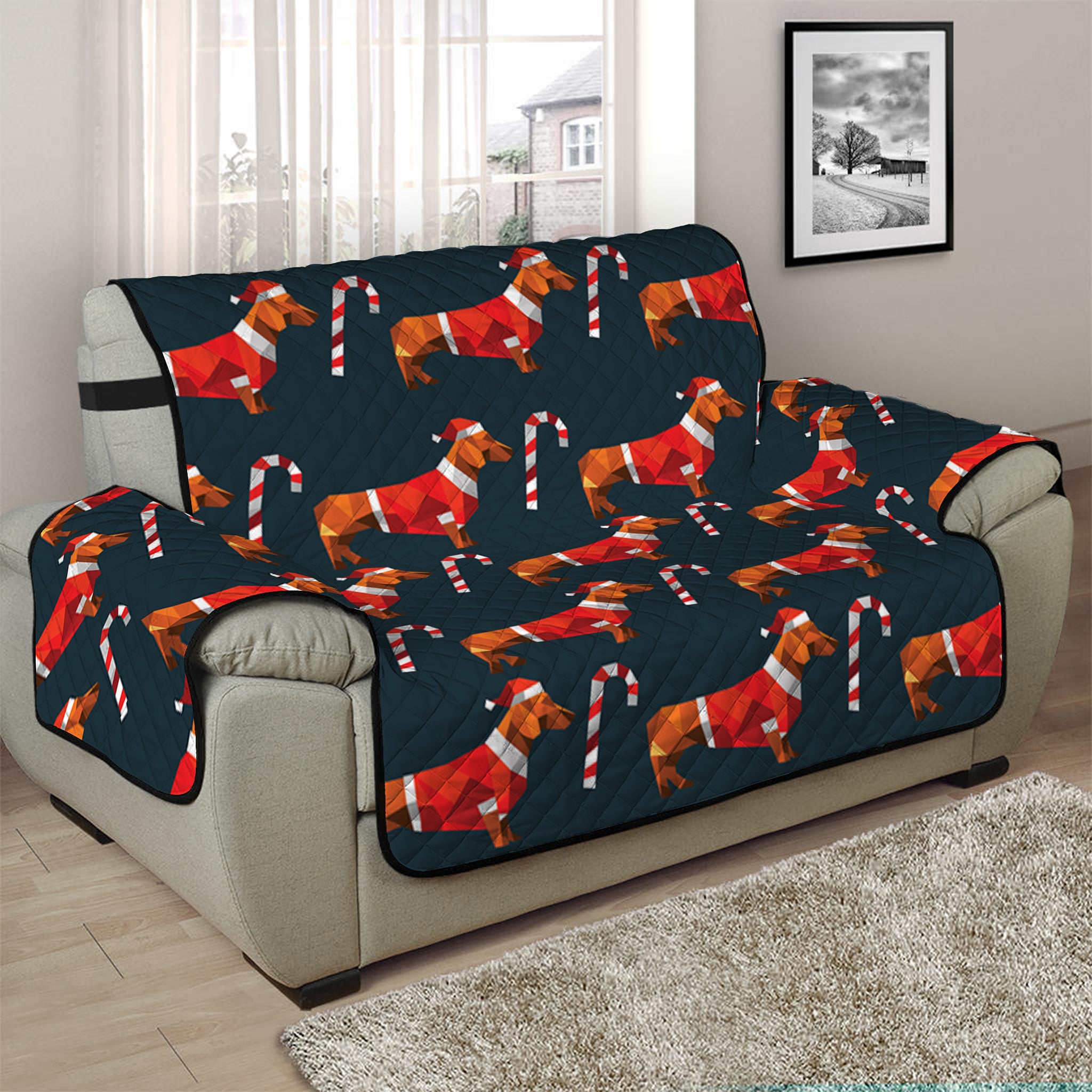 Xmas Dachshund Pattern Print Half Sofa Protector