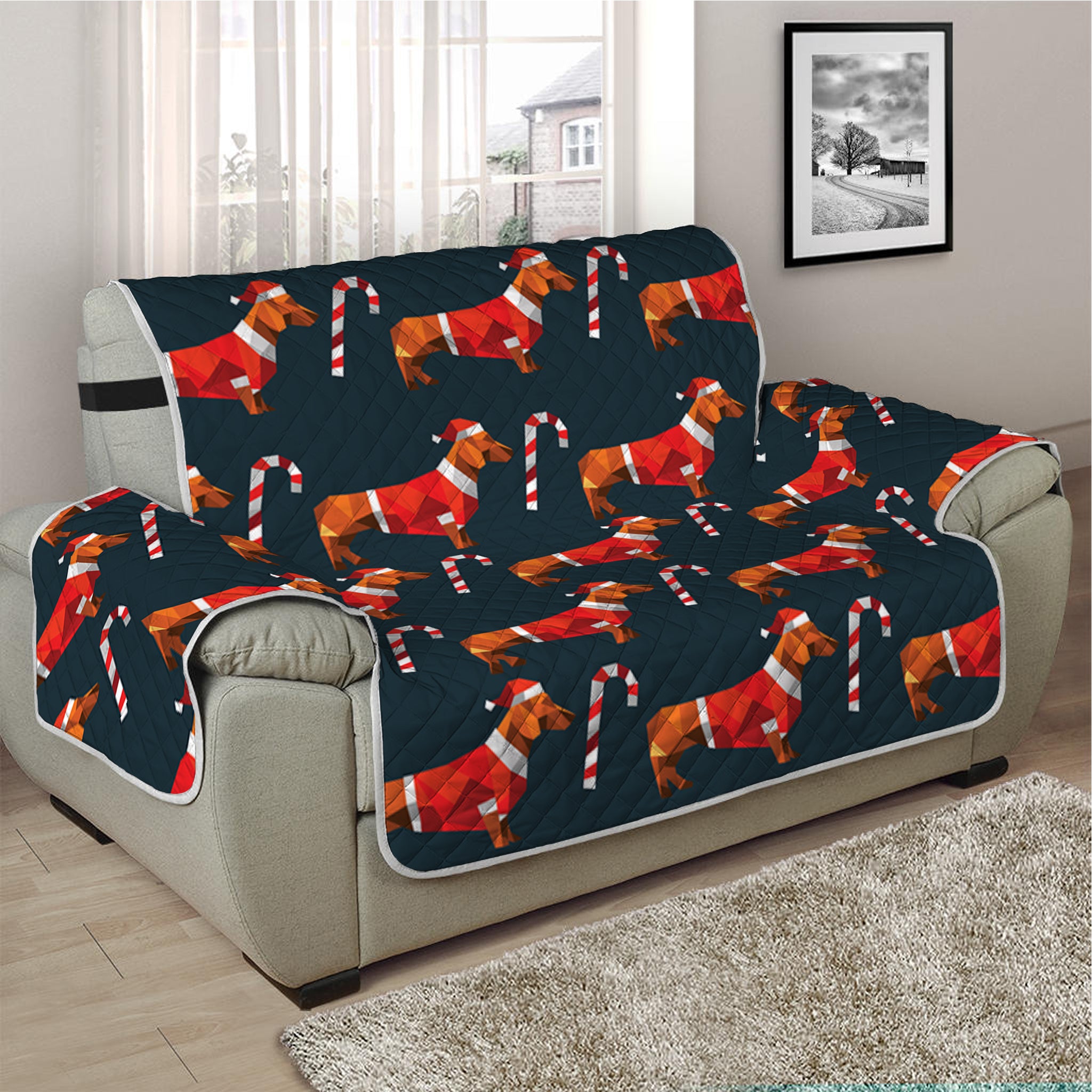 Xmas Dachshund Pattern Print Half Sofa Protector