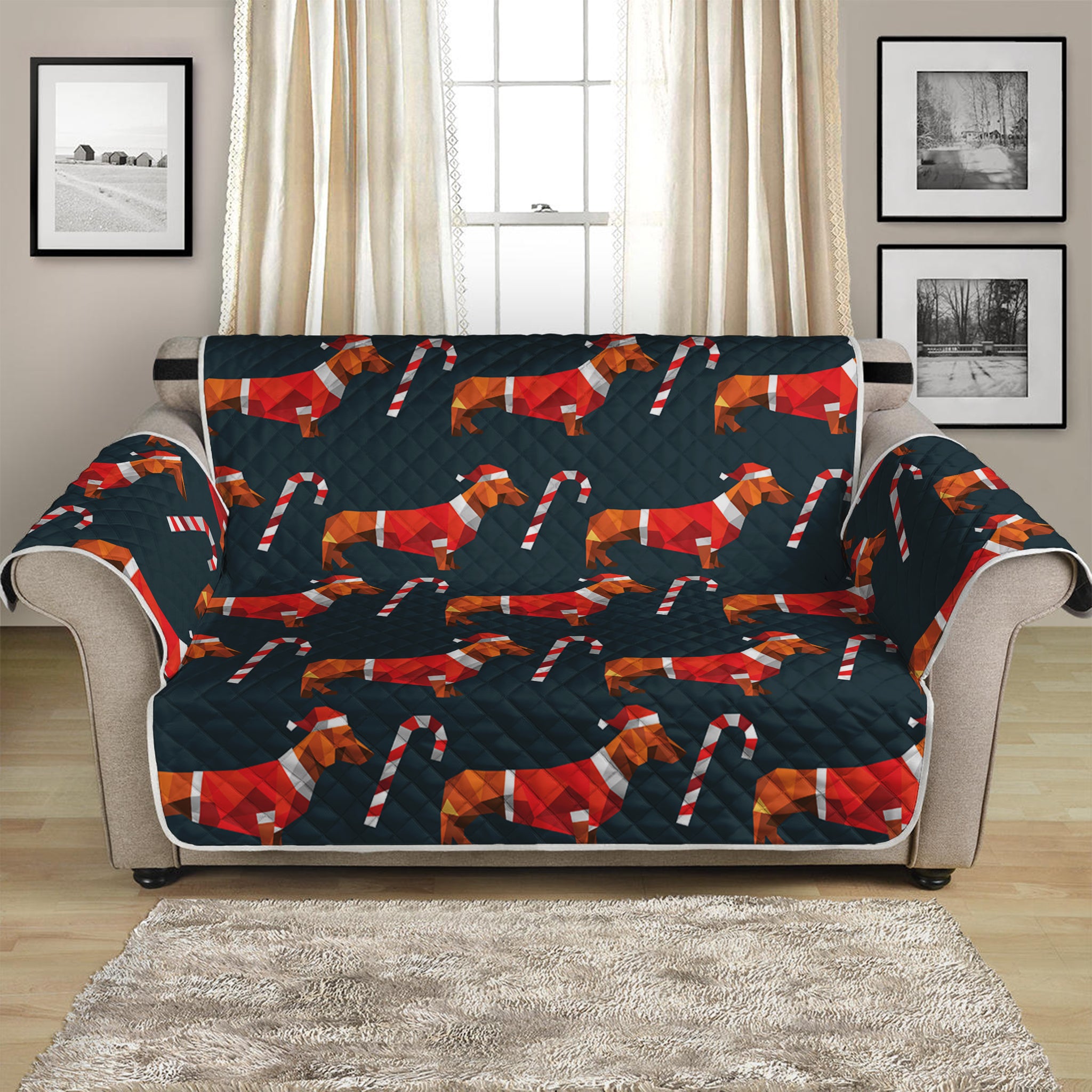 Xmas Dachshund Pattern Print Loveseat Protector