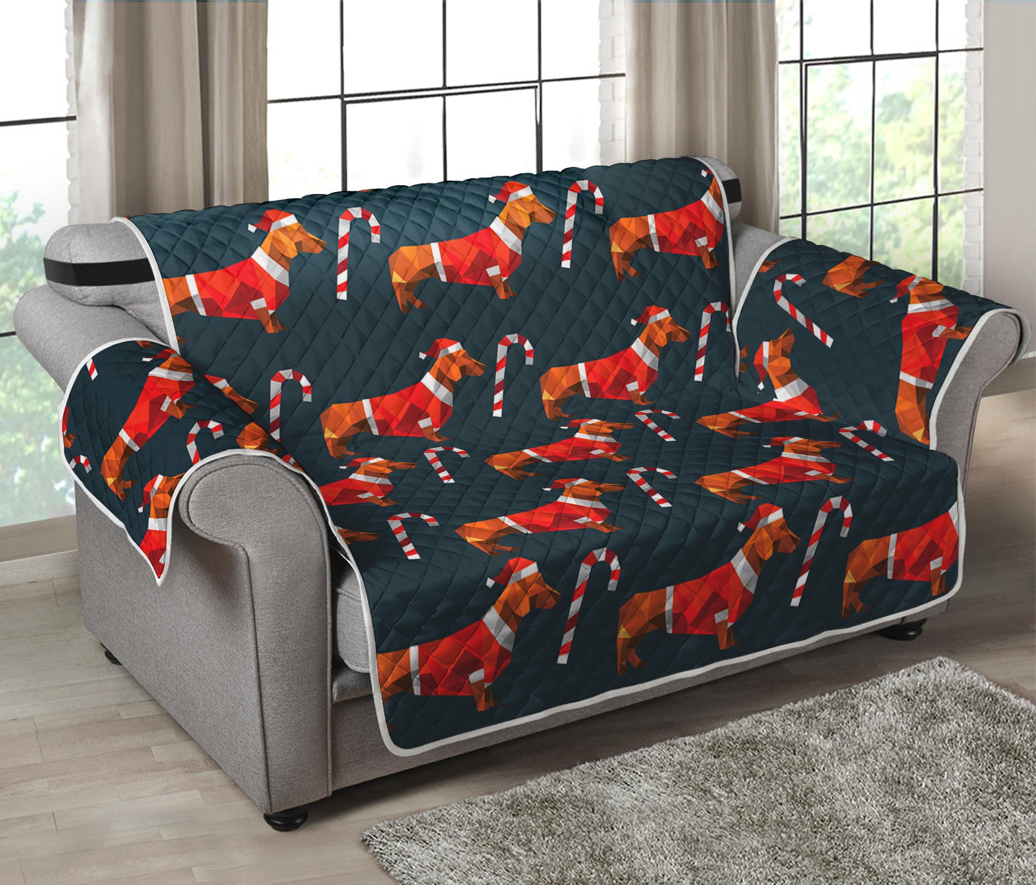 Xmas Dachshund Pattern Print Loveseat Protector