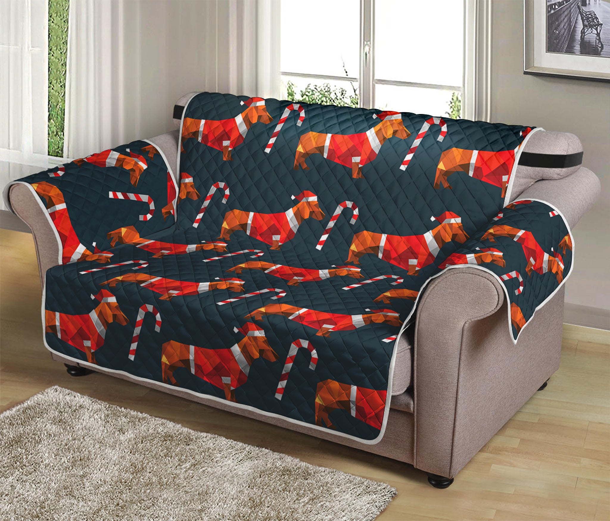 Xmas Dachshund Pattern Print Loveseat Protector