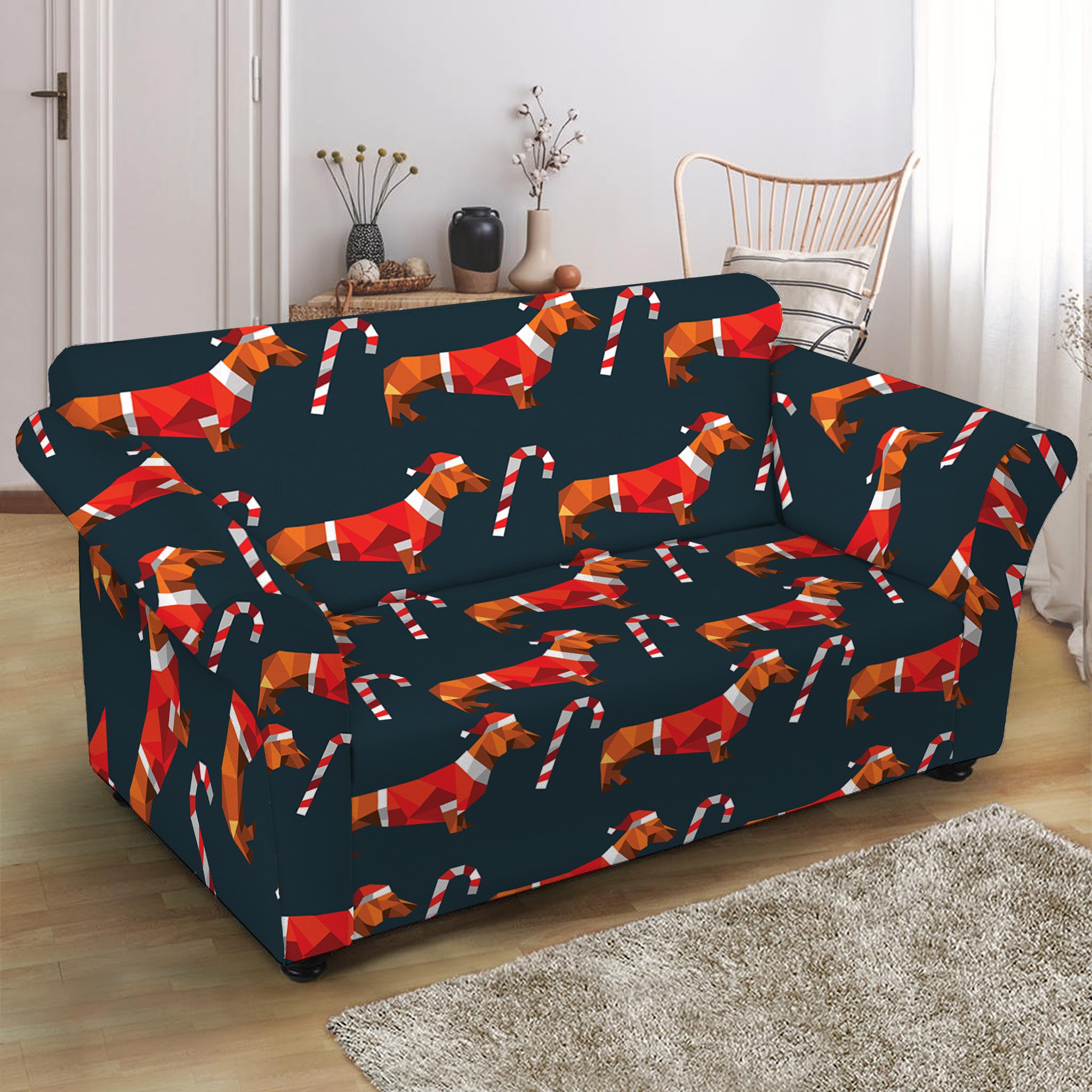 Xmas Dachshund Pattern Print Loveseat Slipcover