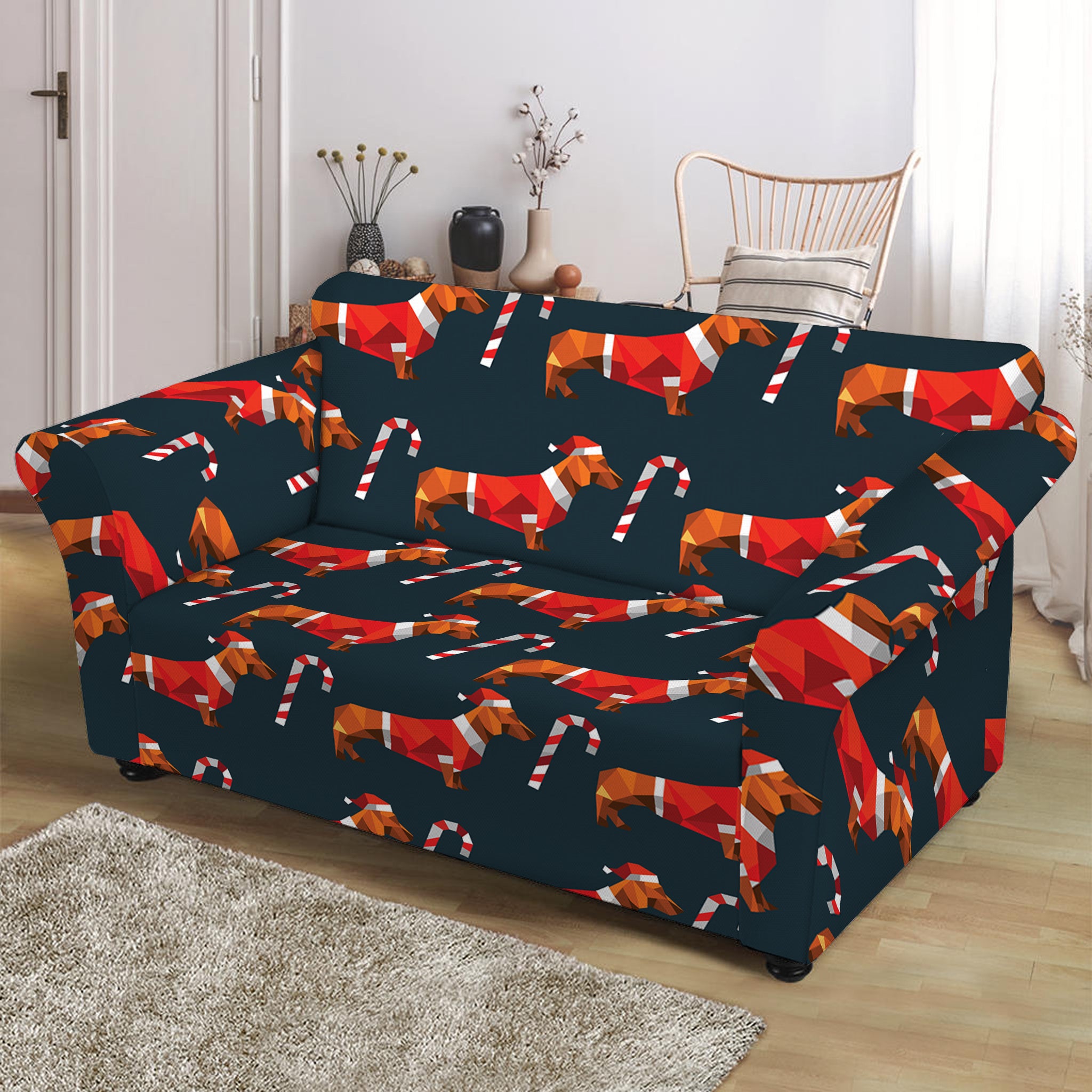 Xmas Dachshund Pattern Print Loveseat Slipcover