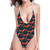 Xmas Dachshund Pattern Print One Piece High Cut Swimsuit