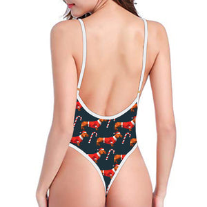 Xmas Dachshund Pattern Print One Piece High Cut Swimsuit