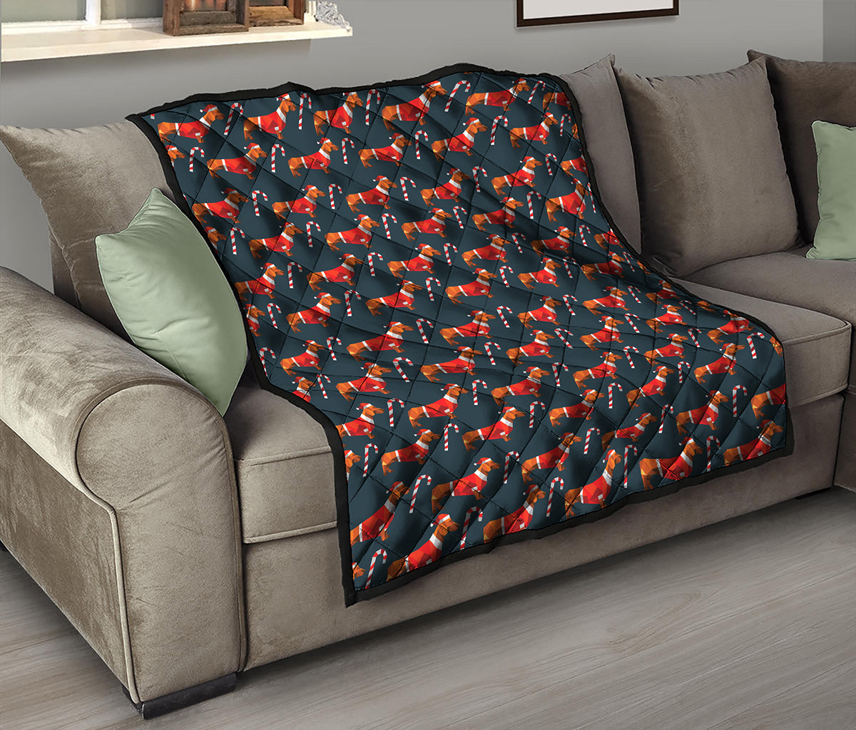 Xmas Dachshund Pattern Print Quilt