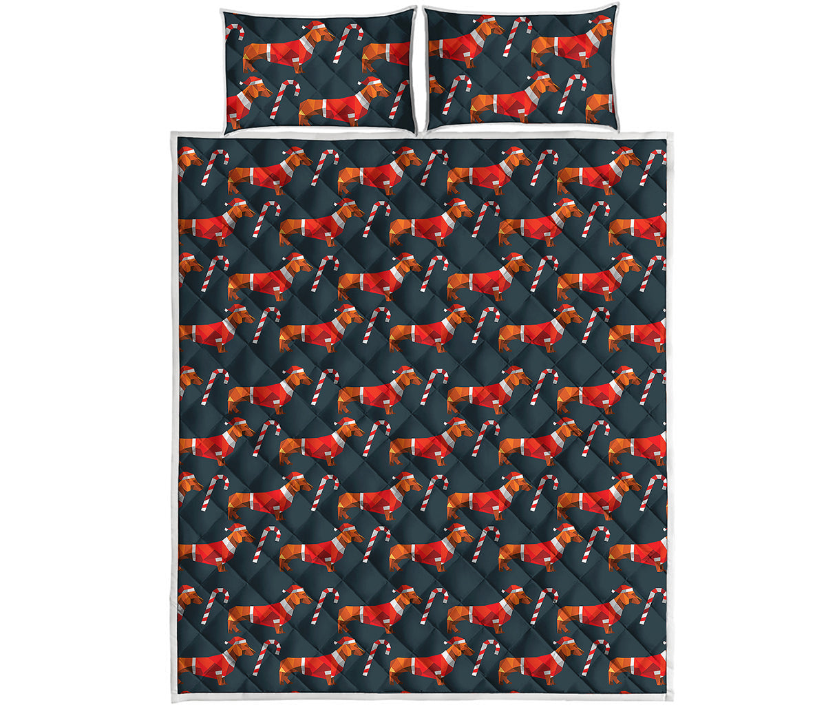 Xmas Dachshund Pattern Print Quilt Bed Set
