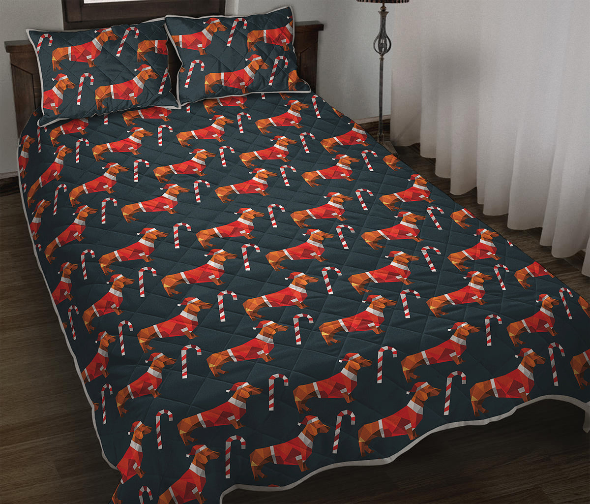 Xmas Dachshund Pattern Print Quilt Bed Set