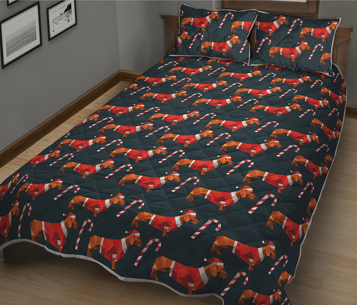 Xmas Dachshund Pattern Print Quilt Bed Set