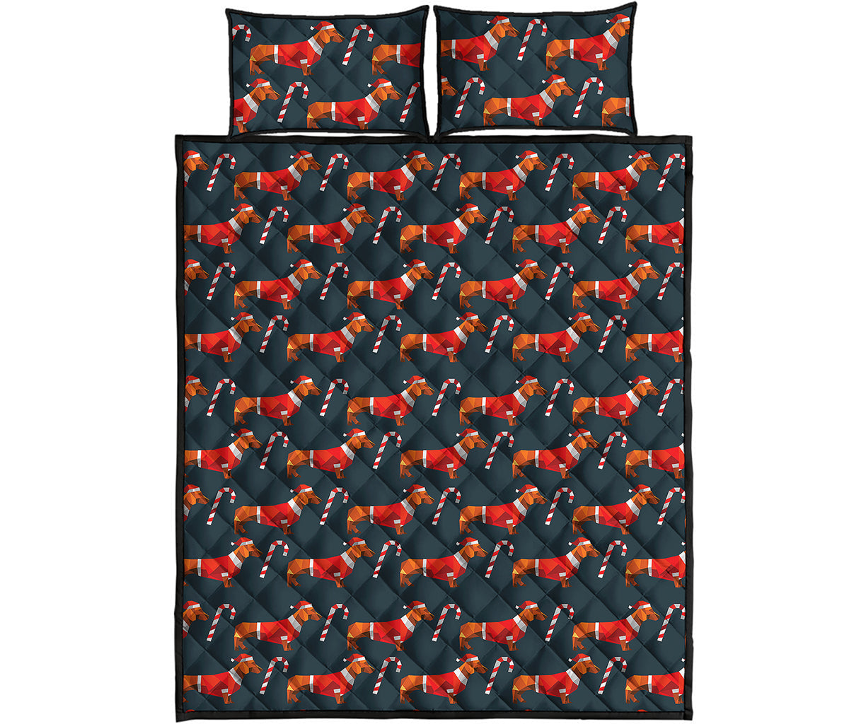 Xmas Dachshund Pattern Print Quilt Bed Set