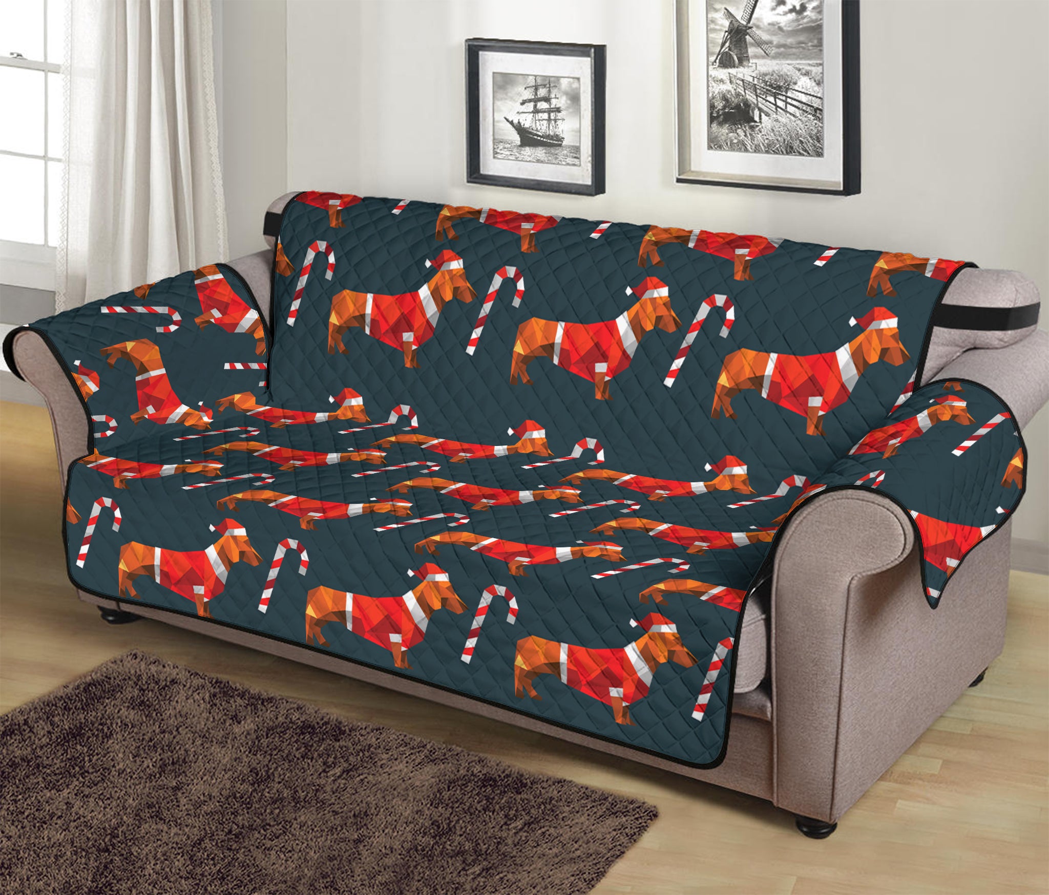 Xmas Dachshund Pattern Print Sofa Protector