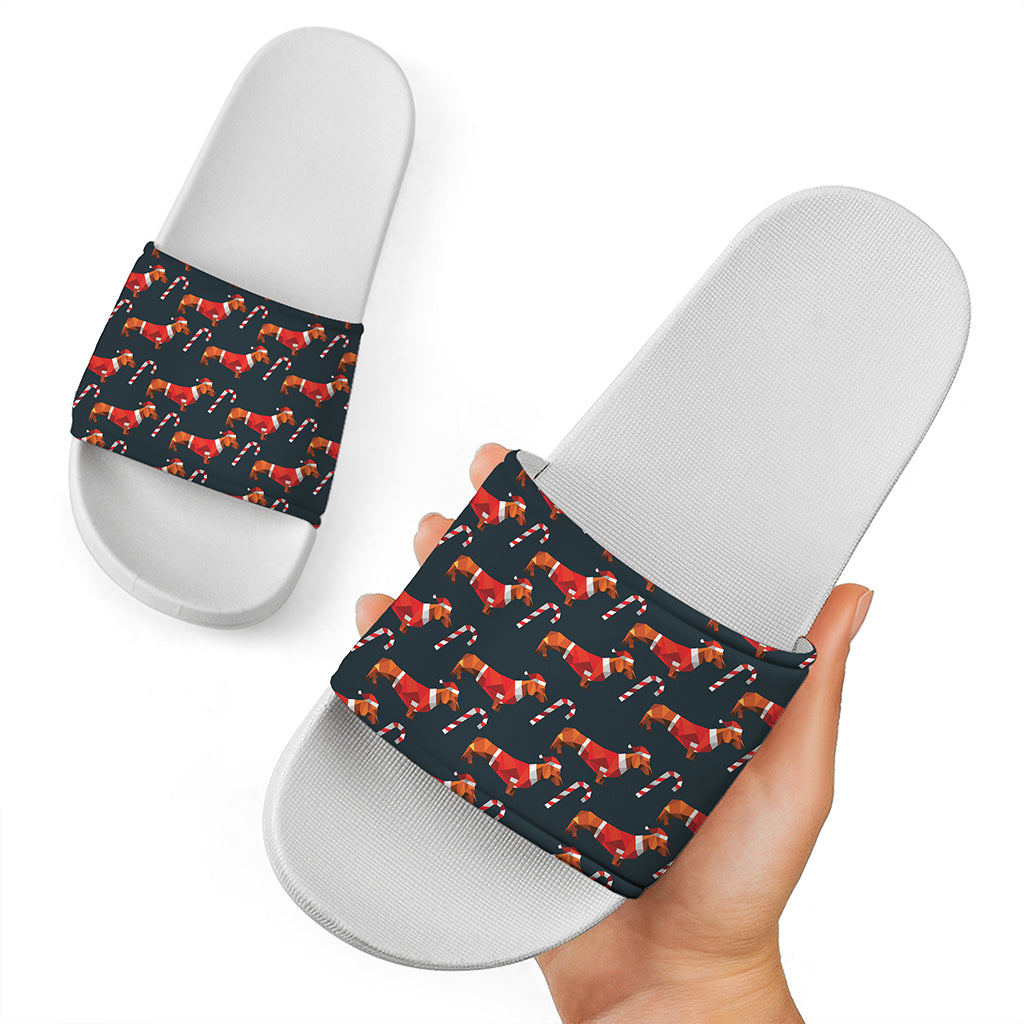 Xmas Dachshund Pattern Print White Slide Sandals