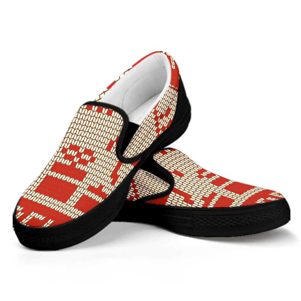 Xmas Deer Knitted Print Black Slip On Shoes