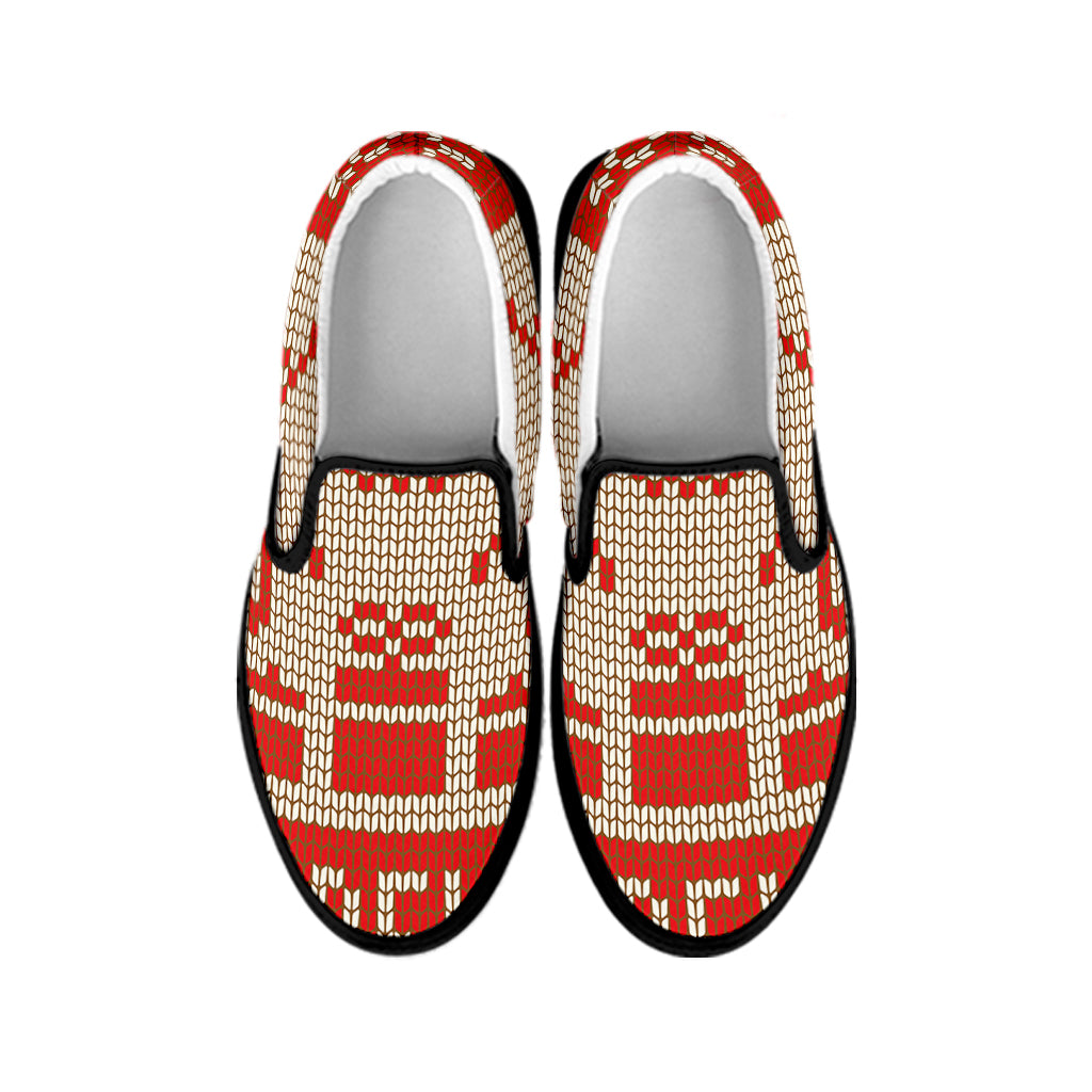 Xmas Deer Knitted Print Black Slip On Shoes