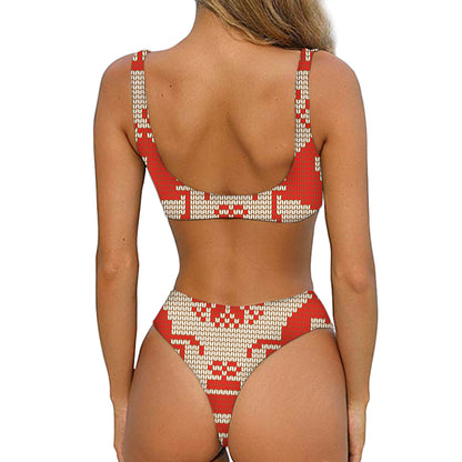 Xmas Deer Knitted Print Front Bow Tie Bikini
