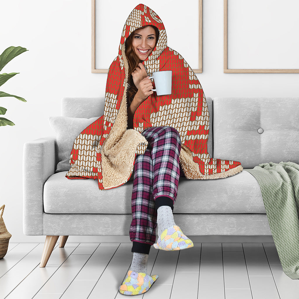 Xmas Deer Knitted Print Hooded Blanket
