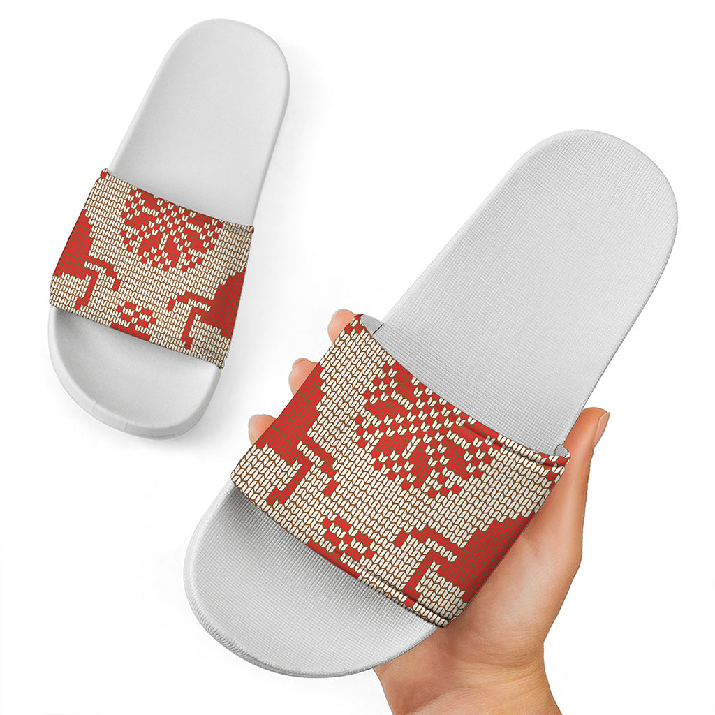 Xmas Deer Knitted Print White Slide Sandals
