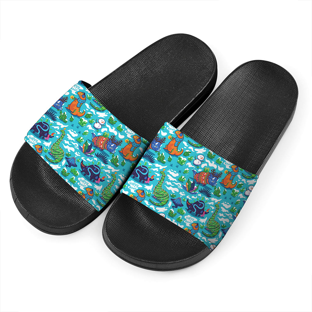Xmas Dinosaur Pattern Print Black Slide Sandals