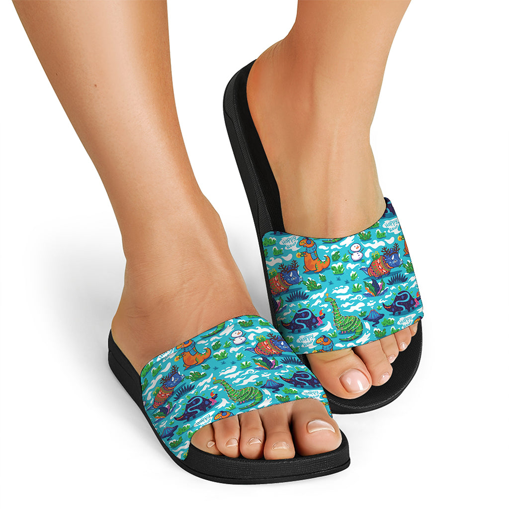 Xmas Dinosaur Pattern Print Black Slide Sandals
