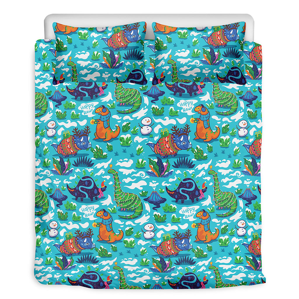 Xmas Dinosaur Pattern Print Duvet Cover Bedding Set