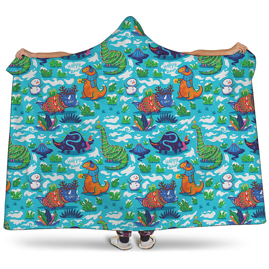 Xmas Dinosaur Pattern Print Hooded Blanket