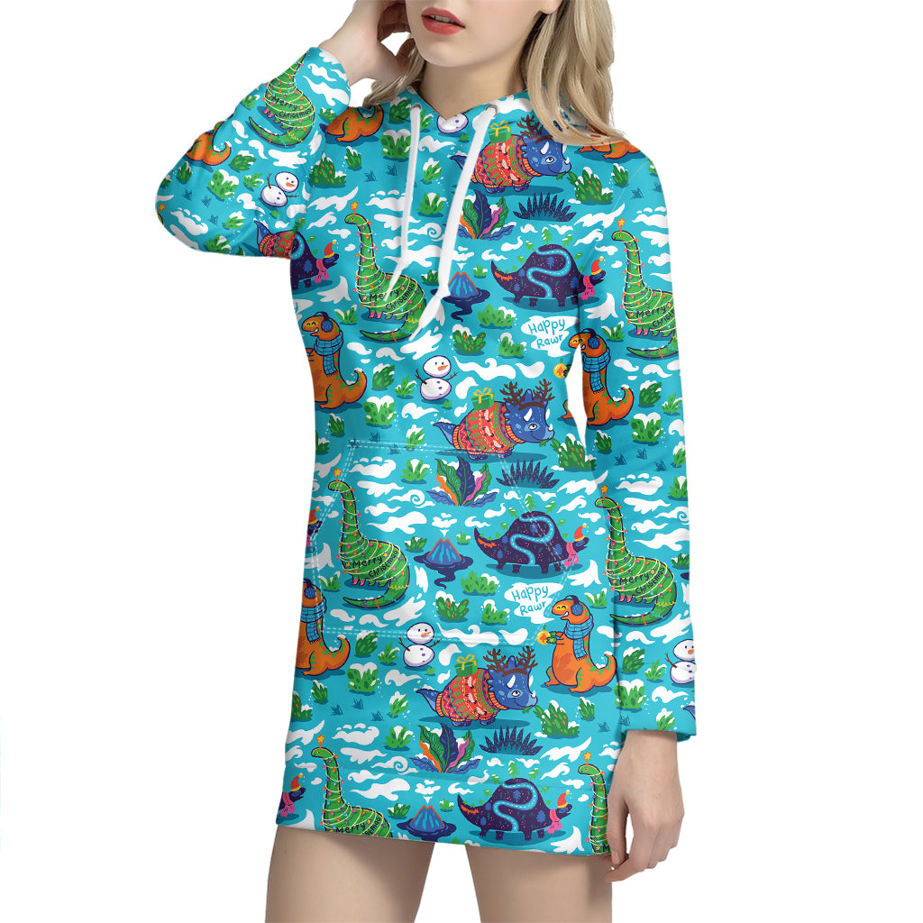 Xmas Dinosaur Pattern Print Hoodie Dress
