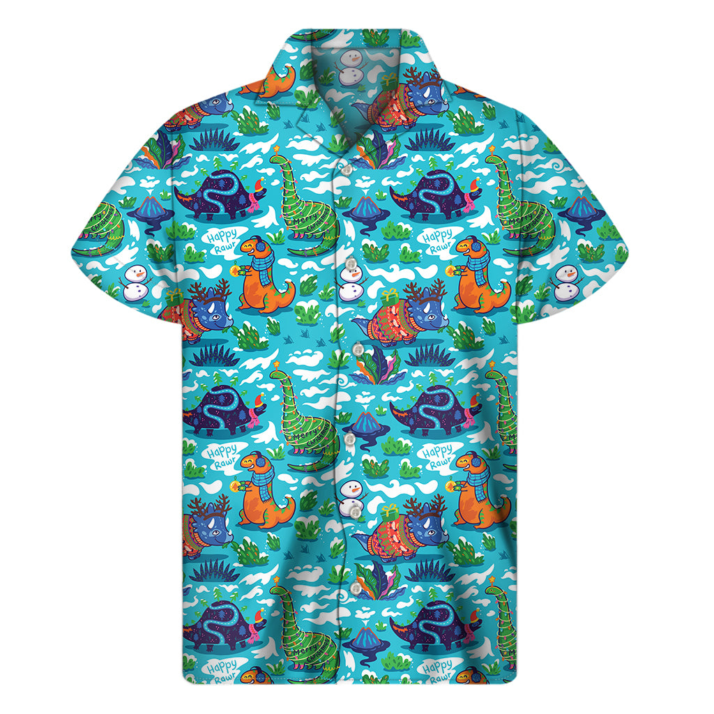 Xmas Dinosaur Pattern Print Men's Short Sleeve Shirt