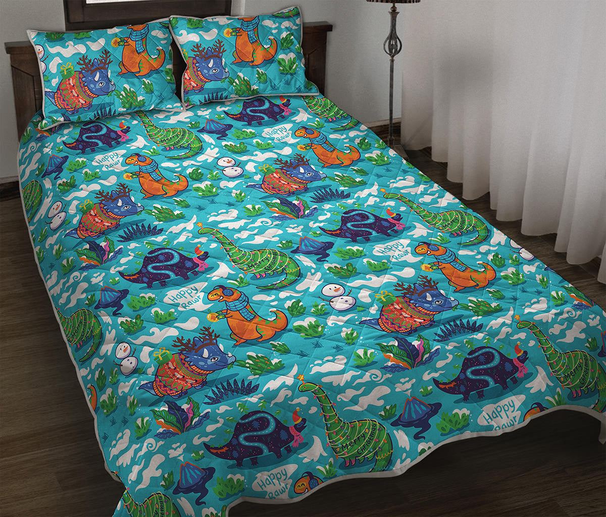 Xmas Dinosaur Pattern Print Quilt Bed Set