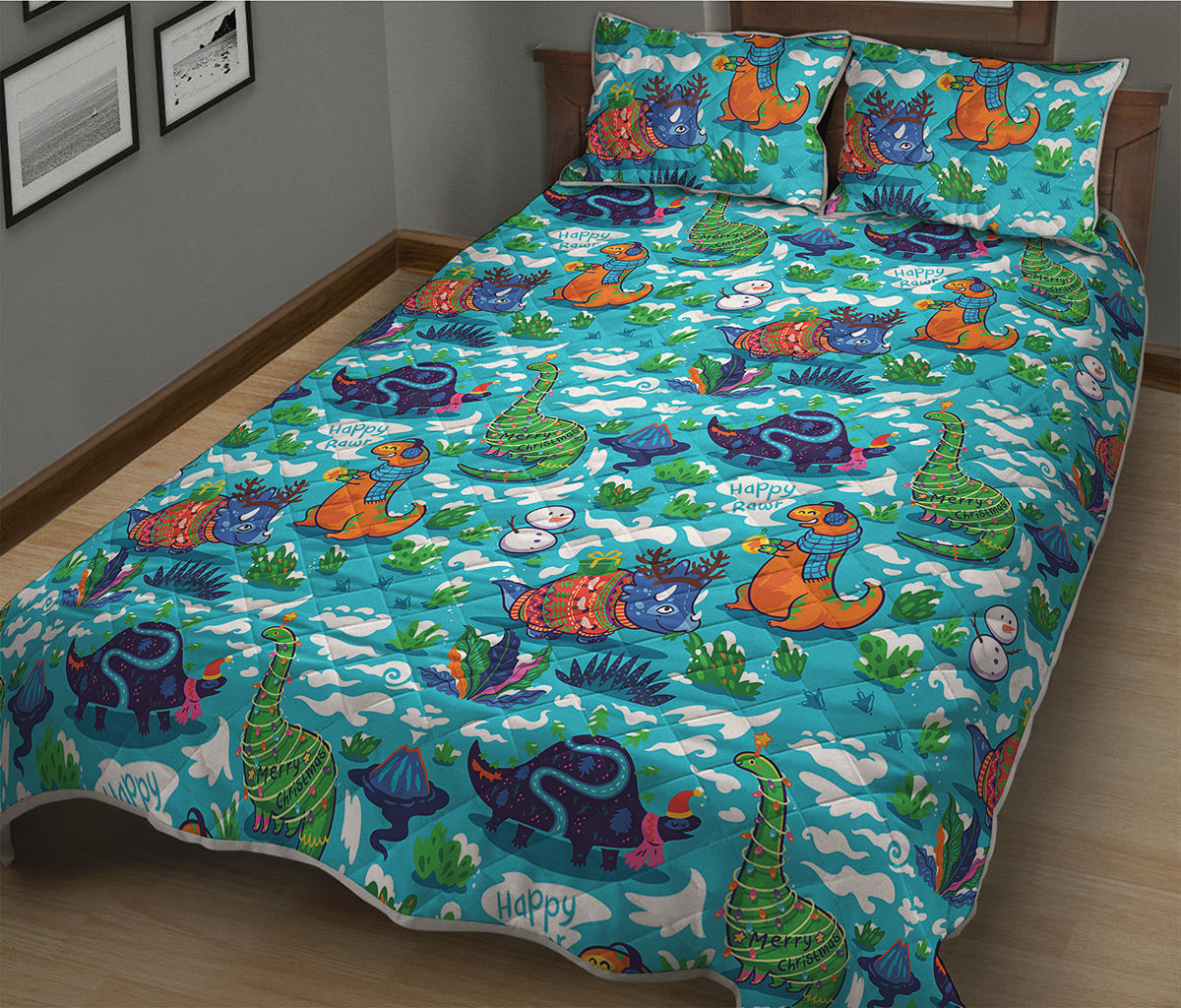 Xmas Dinosaur Pattern Print Quilt Bed Set