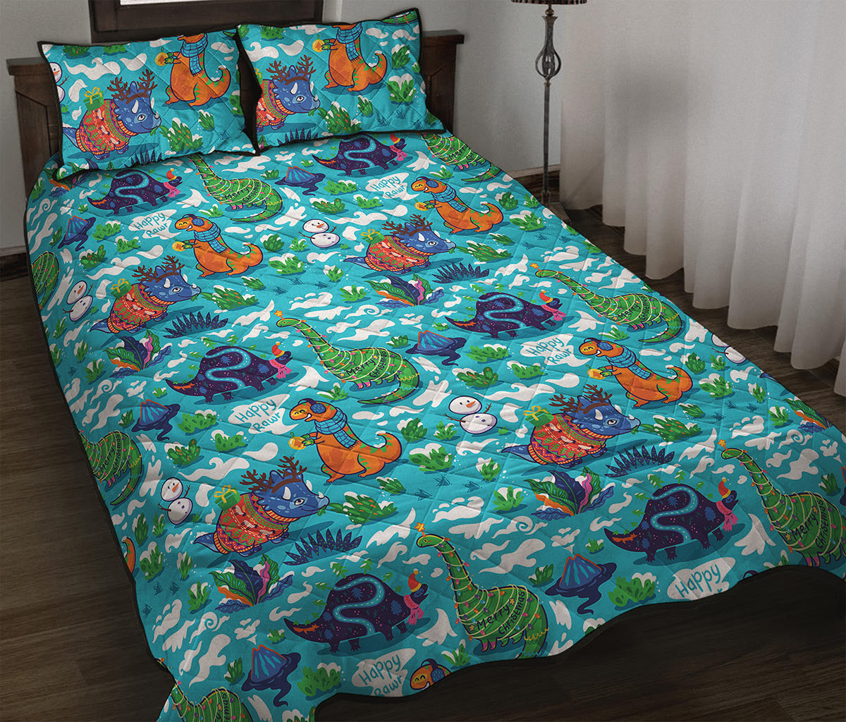 Xmas Dinosaur Pattern Print Quilt Bed Set