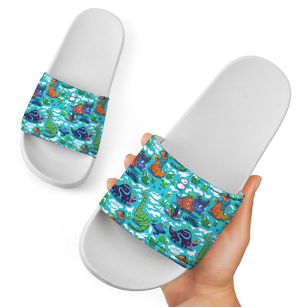 Xmas Dinosaur Pattern Print White Slide Sandals