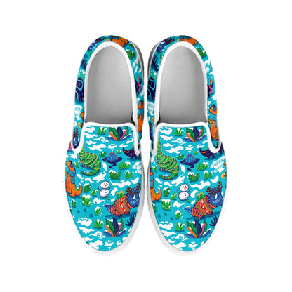 Xmas Dinosaur Pattern Print White Slip On Shoes