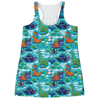 Xmas Dinosaur Pattern Print Women's Racerback Tank Top