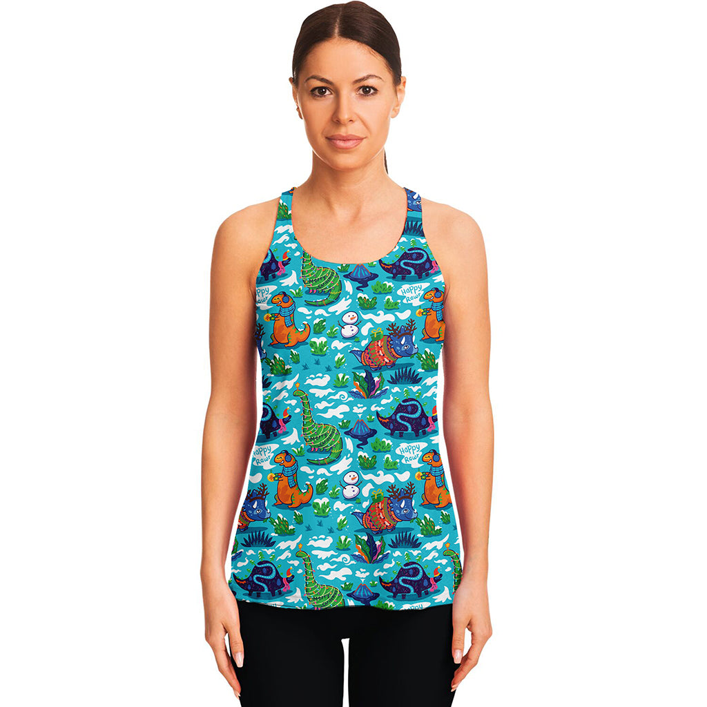 Xmas Dinosaur Pattern Print Women's Racerback Tank Top