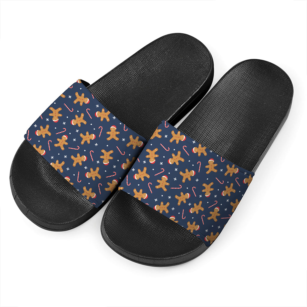 Xmas Gingerbread Man Pattern Print Black Slide Sandals