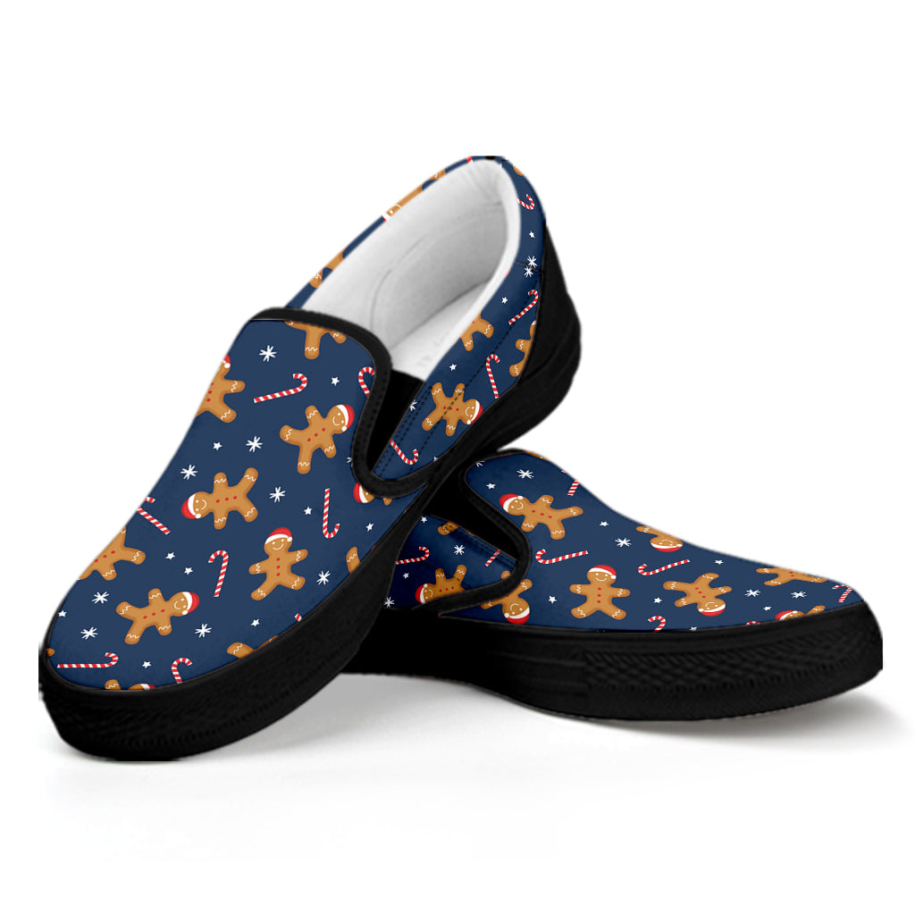 Xmas Gingerbread Man Pattern Print Black Slip On Shoes