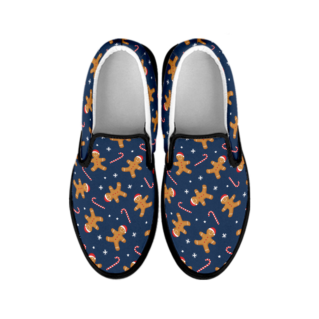 Xmas Gingerbread Man Pattern Print Black Slip On Shoes