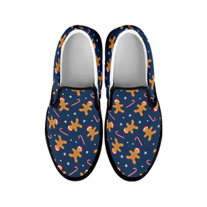 Xmas Gingerbread Man Pattern Print Black Slip On Shoes