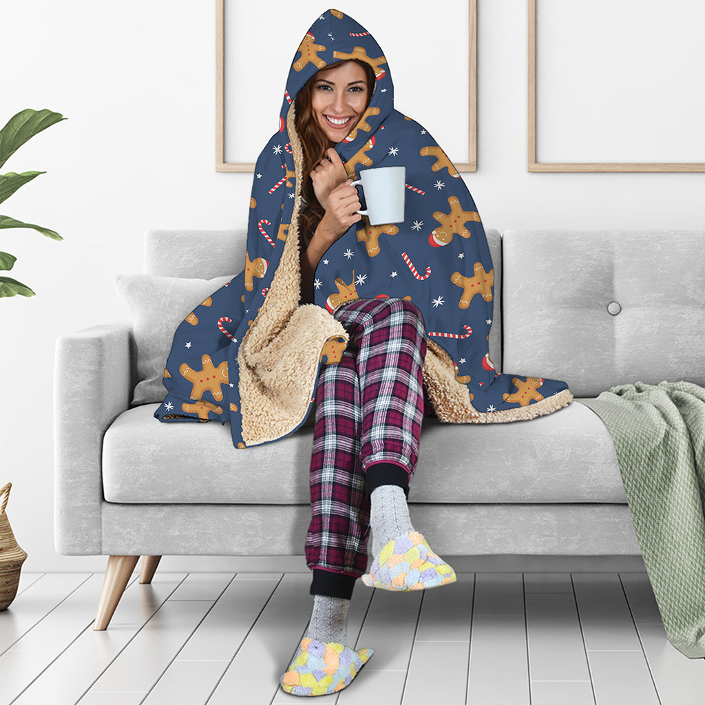 Xmas Gingerbread Man Pattern Print Hooded Blanket
