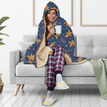 Xmas Gingerbread Man Pattern Print Hooded Blanket