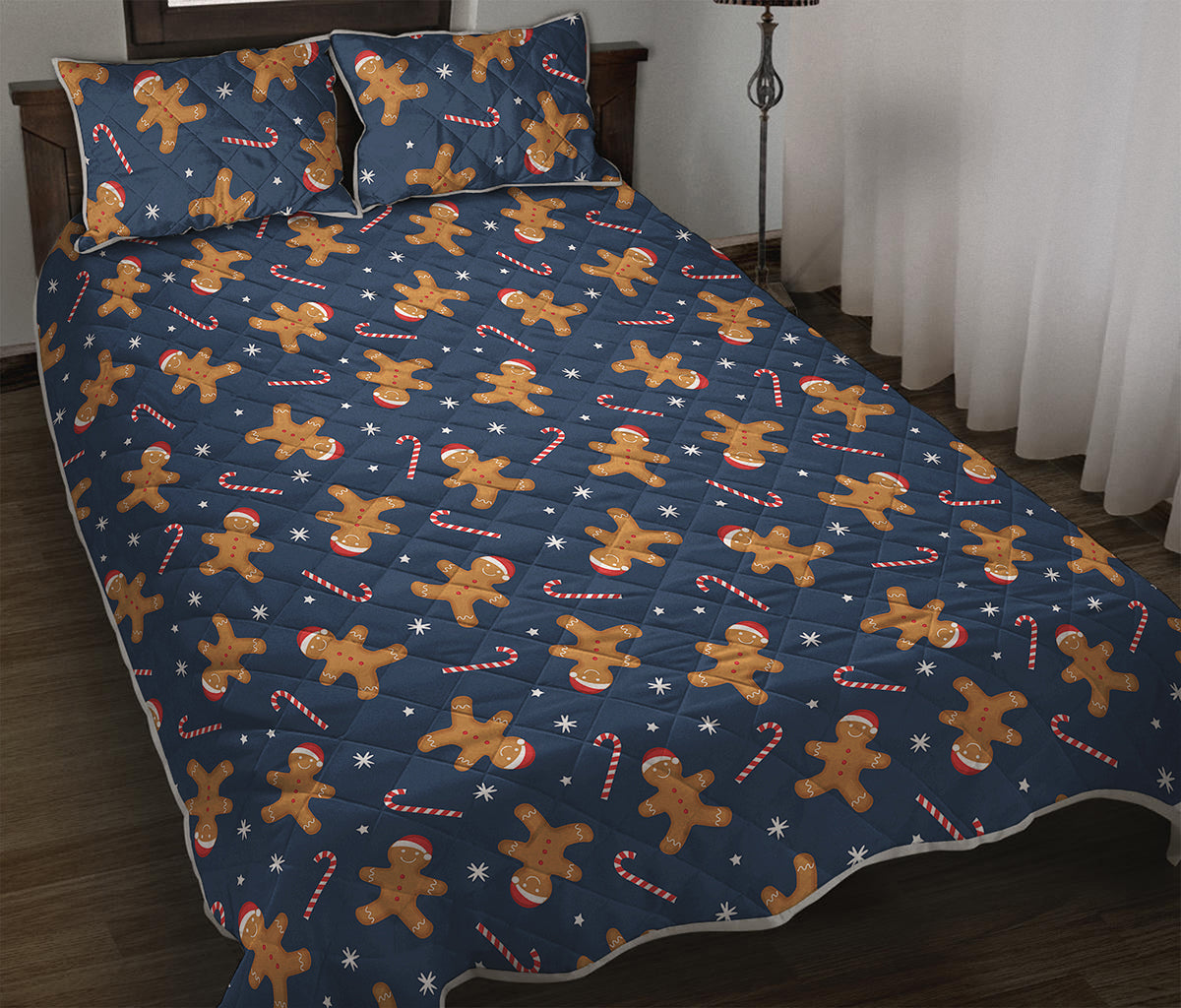 Xmas Gingerbread Man Pattern Print Quilt Bed Set