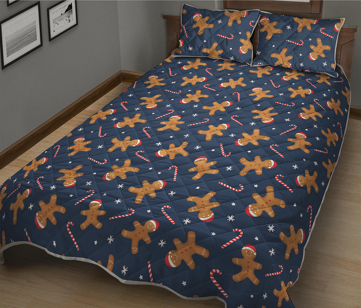 Xmas Gingerbread Man Pattern Print Quilt Bed Set