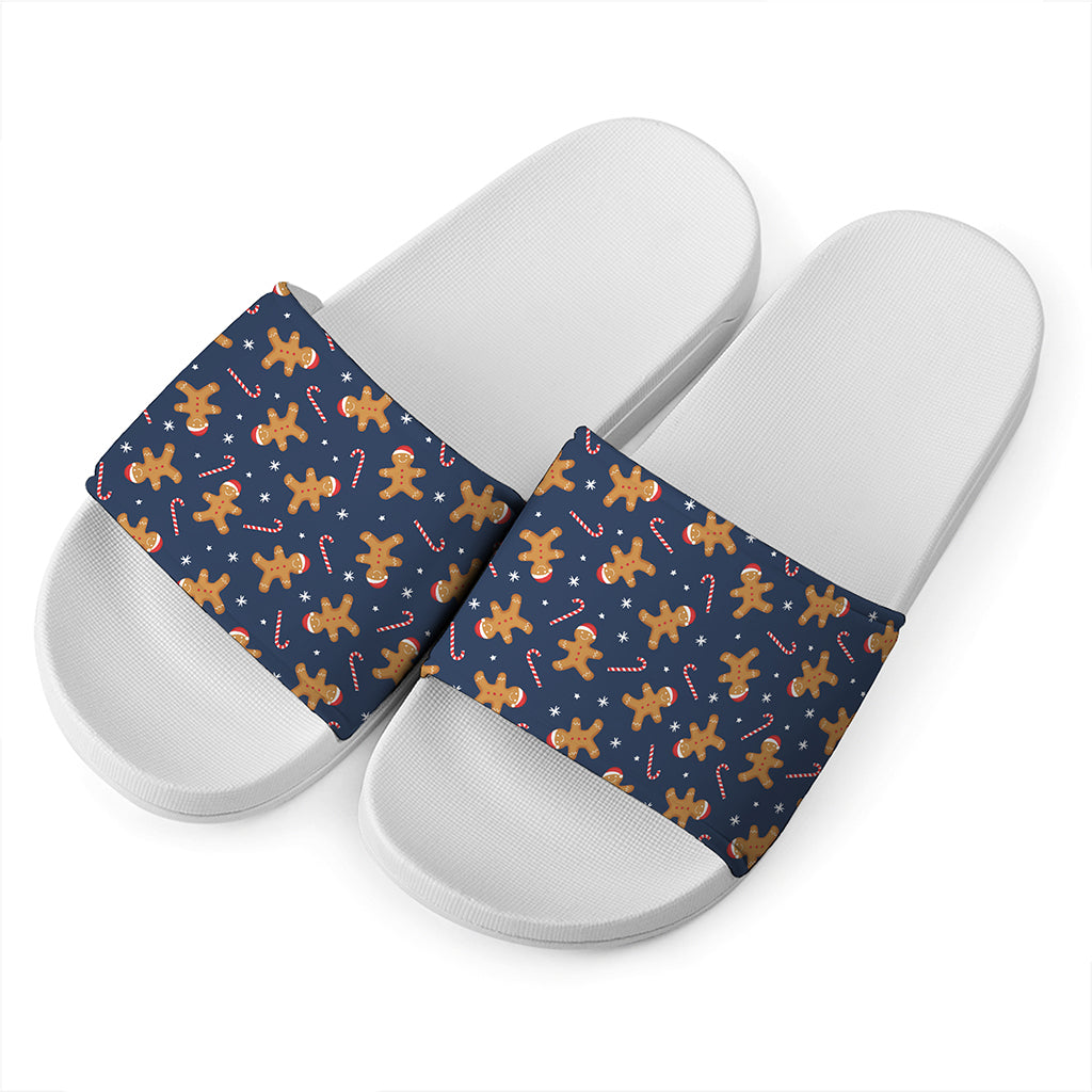 Xmas Gingerbread Man Pattern Print White Slide Sandals