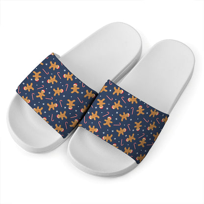 Xmas Gingerbread Man Pattern Print White Slide Sandals