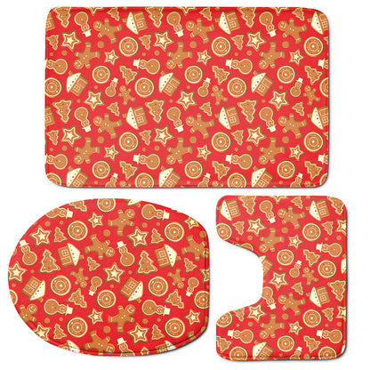 Xmas Gingerbread Pattern Print 3 Piece Bath Mat Set